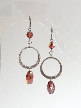 Hammered Sterling Silver Orange Rhinestone 925 Hoop Vintage Dangle Earrings